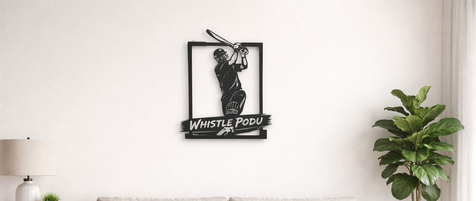 Living room with a white sofa, coffee table, and decorative items including Dhoni metal wall art on the wall.