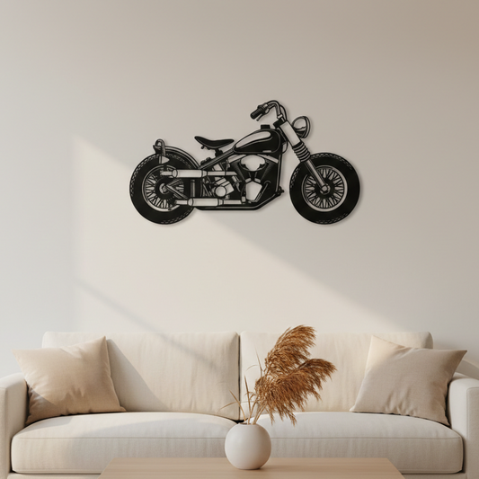 Wall-mounted black motorcycle decorative piece on a light gray wall above a beige sofa.