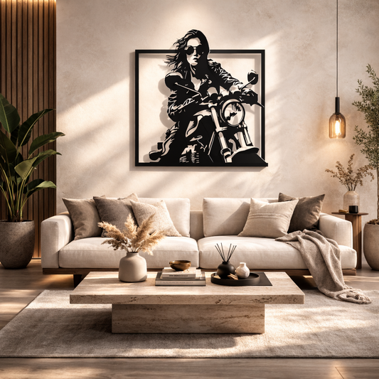 Modern Woman Biker Metal Wall Art | Premium Laser-Cut Wall Decor