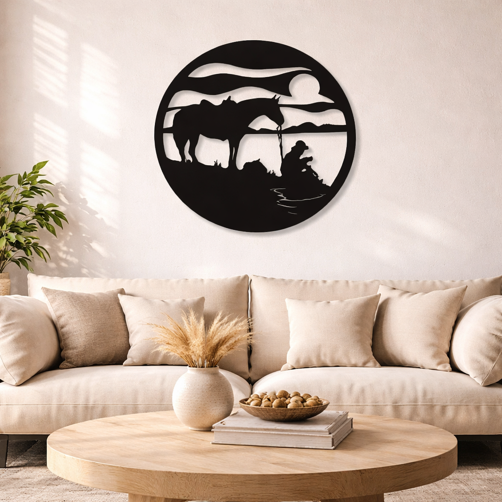 Silhouettes of Man & Horse Metal Wall Art | Premium Laser-Cut Wall Decor