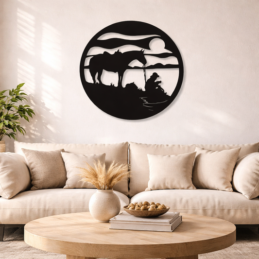 Silhouettes of Man & Horse Metal Wall Art | Premium Laser-Cut Wall Decor