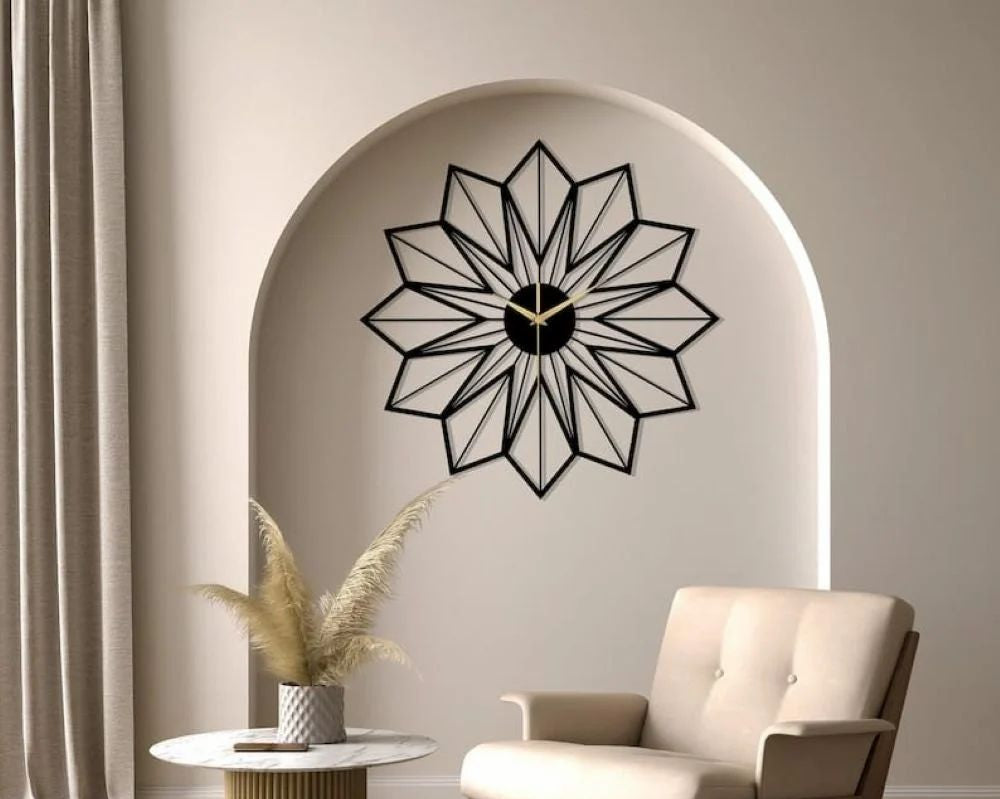 Modern living room with a decorative wall clock, armchair, and side table.