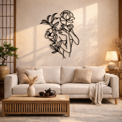 Woman With Flowers Silhouette Line Metal Wall Art | Premium Laser-Cut Wall Decor