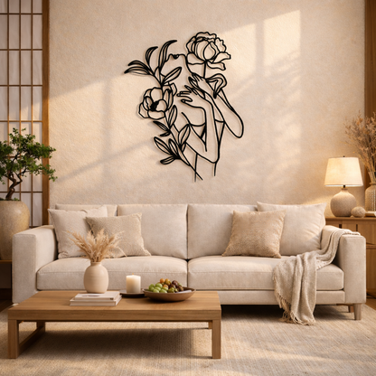 Woman With Flowers Silhouette Line Metal Wall Art | Premium Laser-Cut Wall Decor
