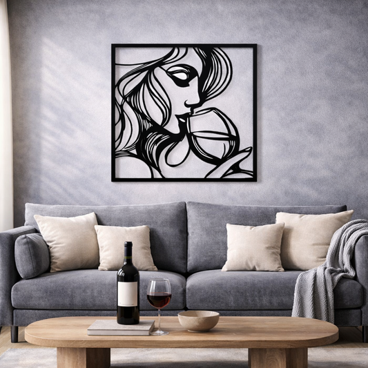 Beautiful Women With Wine Line Art Metal Wall Art | Premium Laser-Cut Wall Decor